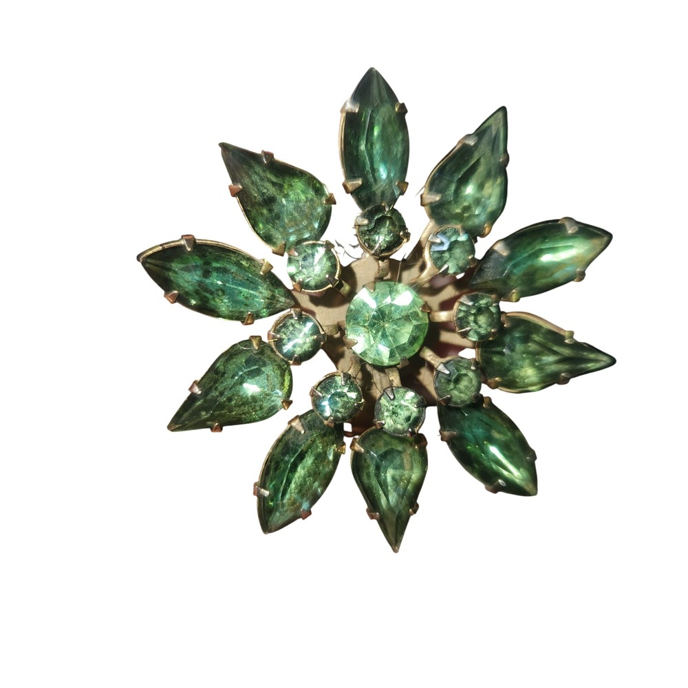 Vintage Green Rhinestone Starburst‎ Brooch Gold Tone Tiered Floral Pin 2 Inch